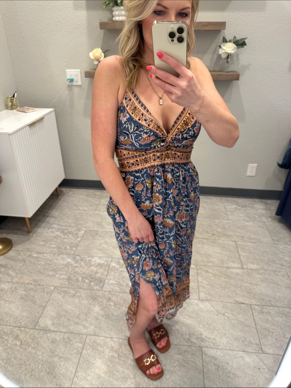 Angie Blue Floral V-Neck Midi Dress with Tan Accents